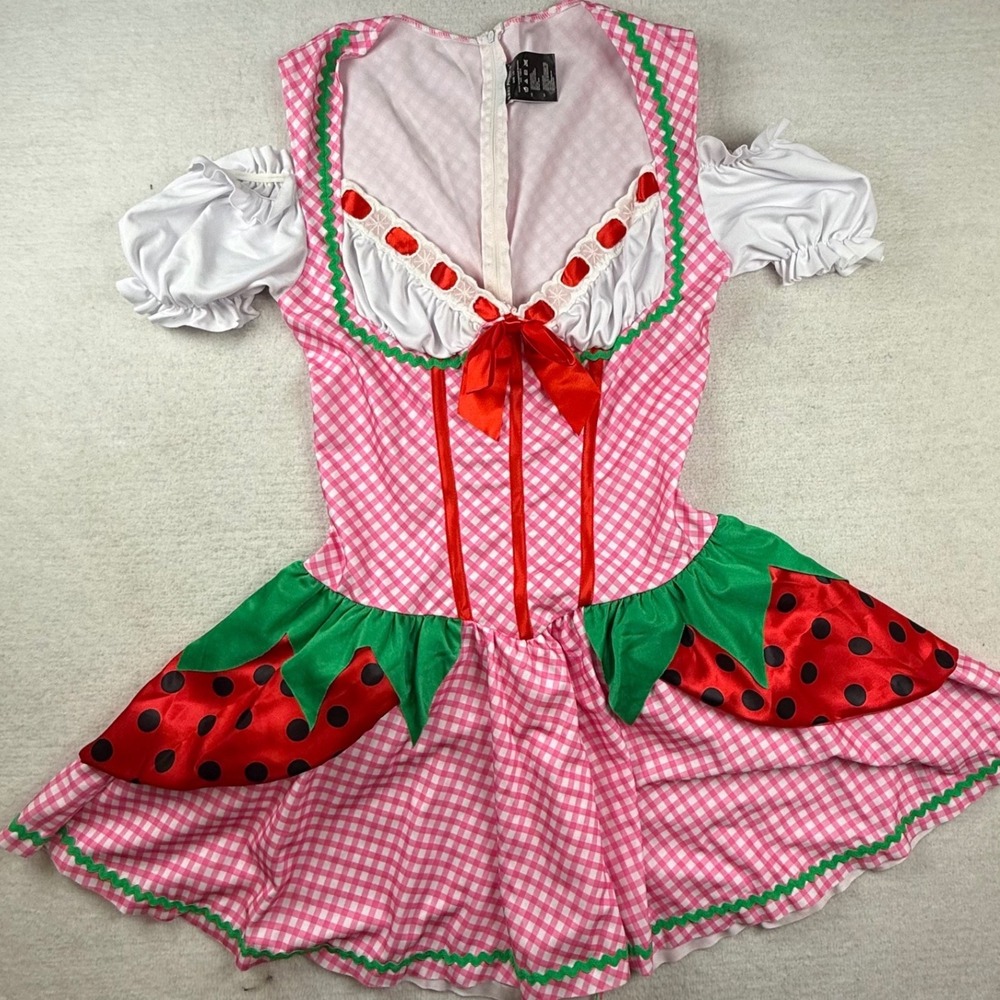Leg Avenue Pink Gingham Strawberry Dirndl Costume Dress Large Puff Sleeve Bow